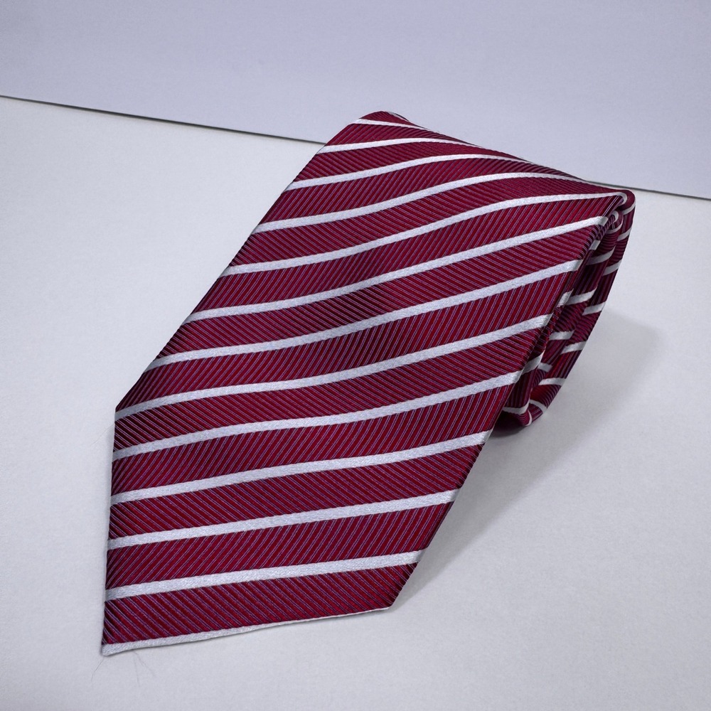 Haines & Bonner London Silk Tie Mens Red Silver Striped 58" x 3.25" Necktie